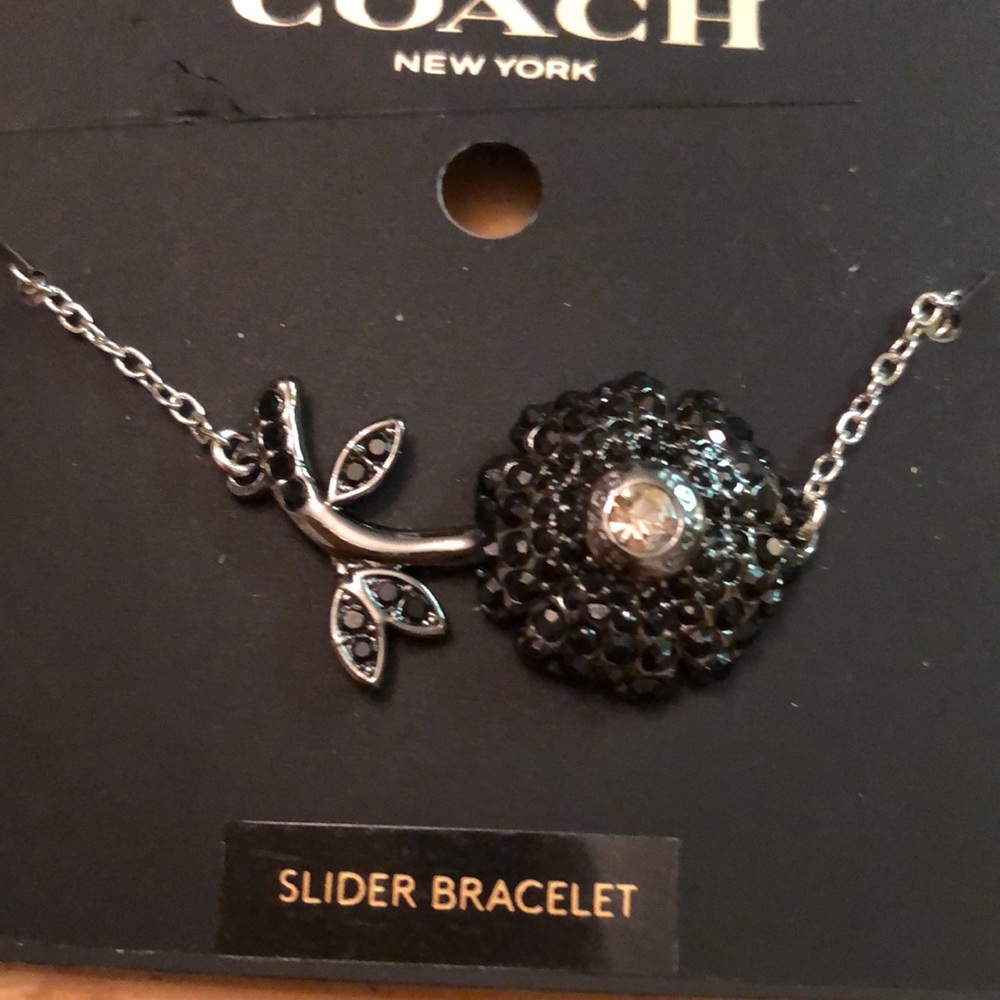 Coach Silver Tone Sparkling Black Daisy Slider Bracelet Crystal Accents NWT - Picture 7 of 11